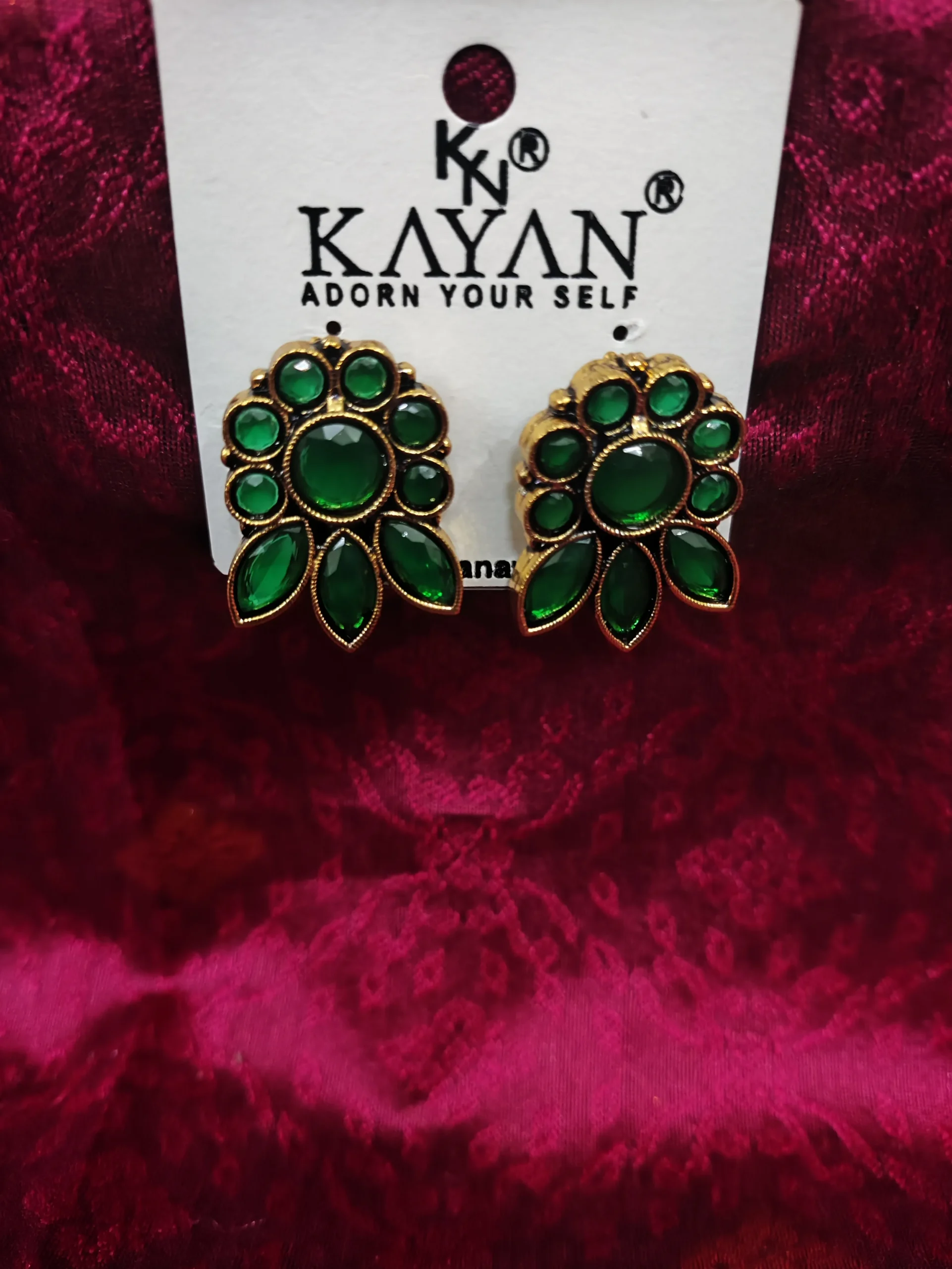 Fiora Antique Matte Gold Kemp Jhumka Earrings with Square Ruby & Emerald Stones Green colour earrings Antique Matte Gold Kemp Jhumka Earrings with Square Ruby - Image 1