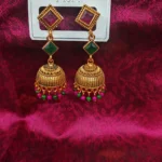 Traditional Jhumka Earrings with Red & Green Stones and Bead Drops