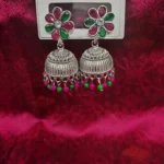 Oxidized Silver Floral Jhumka Earrings with Pink and Green Stones