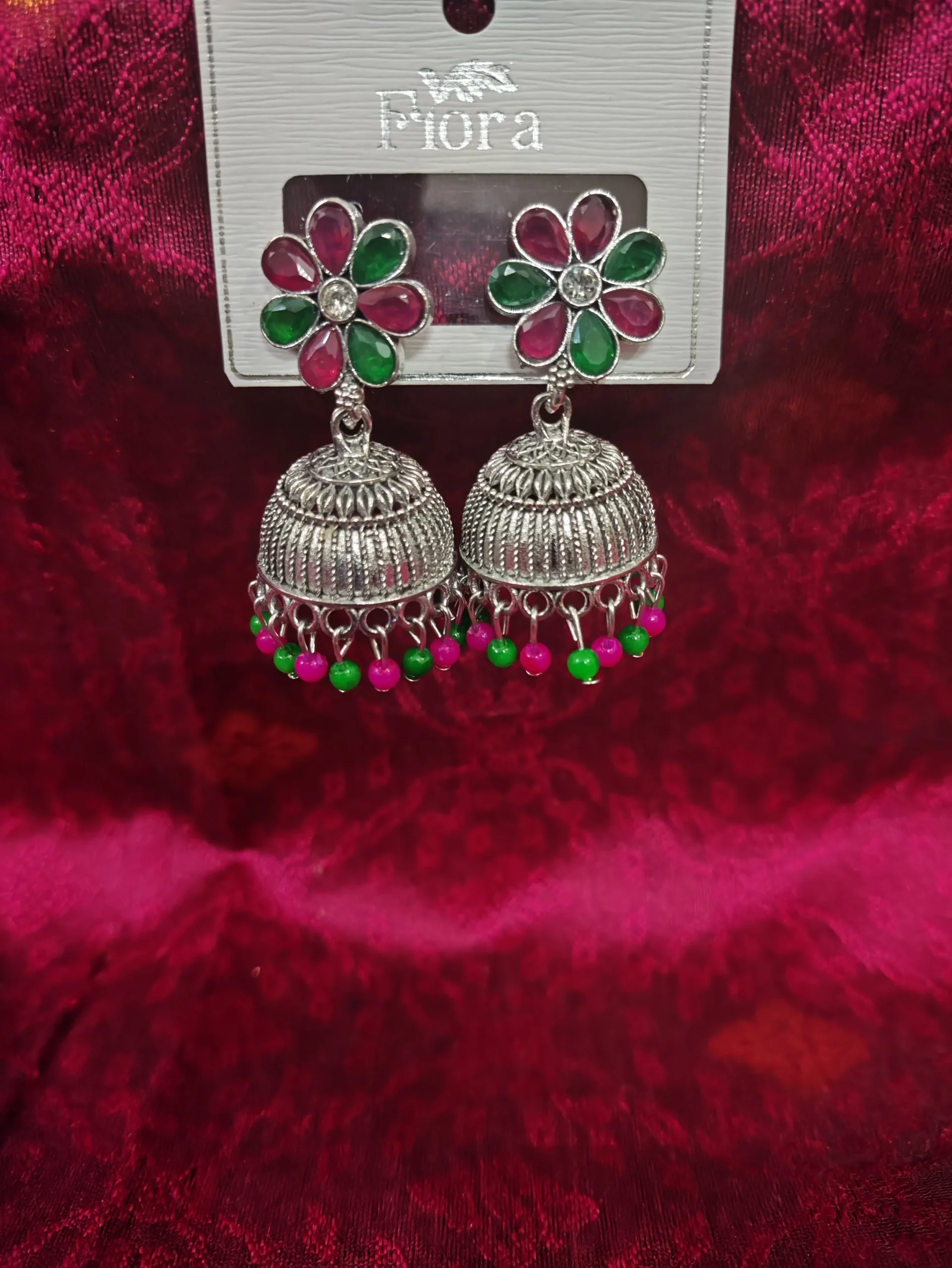 Fiora Oxidized Silver Floral Jhumka Earrings with Pink and Green Stones Traditional Indian German Silver Jhumki for Women & Girls Oxidized Silver Floral Jhumka Earrings with Pink and Green Stones - Image 1