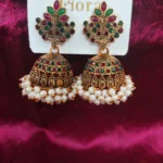Gold Tone Jhumka Earrings with Red and Green Stone