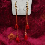 Long Gold Bar Dangle Earrings with Red Teardrop