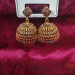 Gold Plated Jhumka Earrings with Ruby Emerald Beads