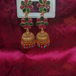 Traditional South Indian Gold Plated Kemp Jhumka Earrings with Ruby Emerald Stones