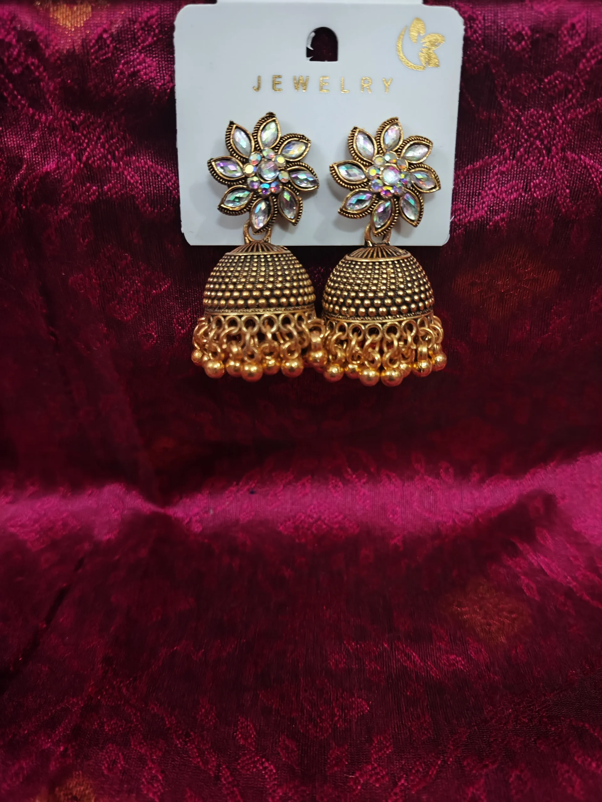 Antique Gold-Toned Floral Jhumka Earrings for Women – Traditional Indian Kundan Bell Earrings with Stone Work and Ghungroo Drops Antique Gold Toned Jhumka Earrings for Women - Image 1